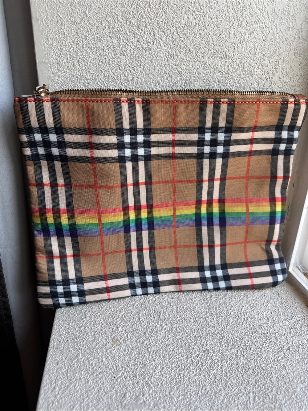 Designer-Inspired Tan Plaid Zip Pouch with Rainbow Stripe